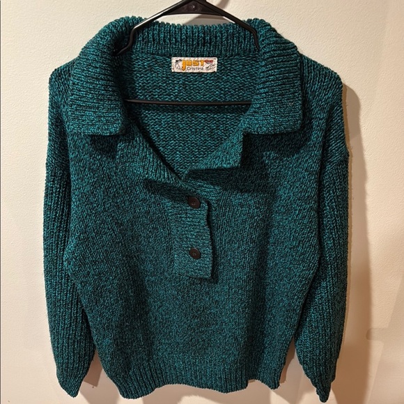 Vintage 1980s Women’s Teal Button-Up Knit Sweater - Picture 4 of 6